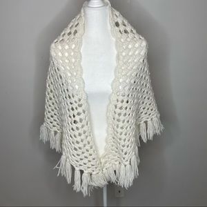Vintage Crocheted White Shawl Cape Handmade 60 X 31 Inches Cottagecore